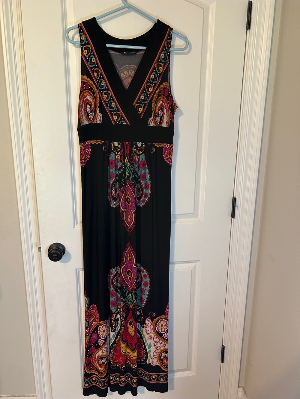 I.N. Studio Black Maxi Dress with Pink, Teal and Gold Paisley